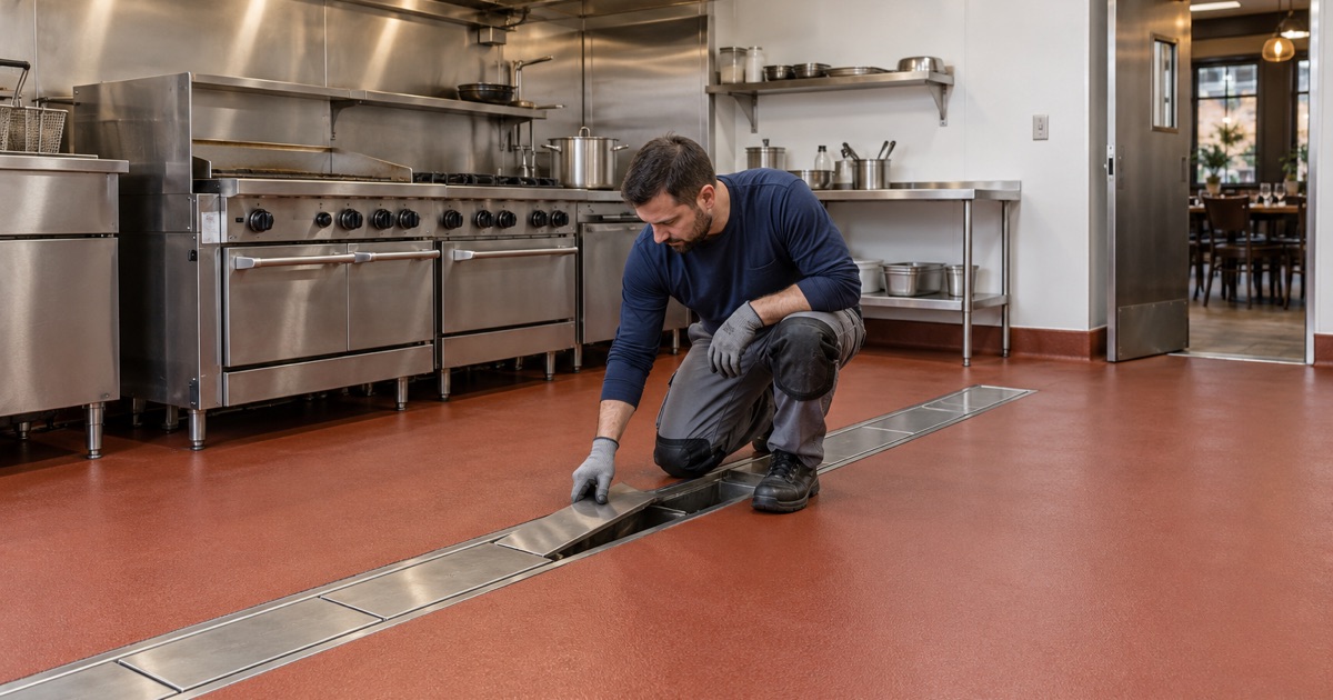 A trench drain grate lifted in a new urethane cement kitchen floor coved up the wall in Plainfield.
