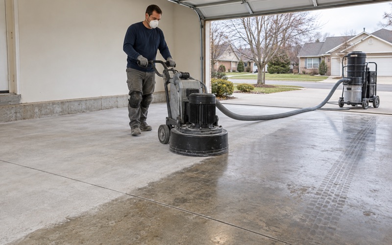 A walk-behind diamond grinder opening an old sealed garage slab in Plainfield, the dust drawn off at the machine.