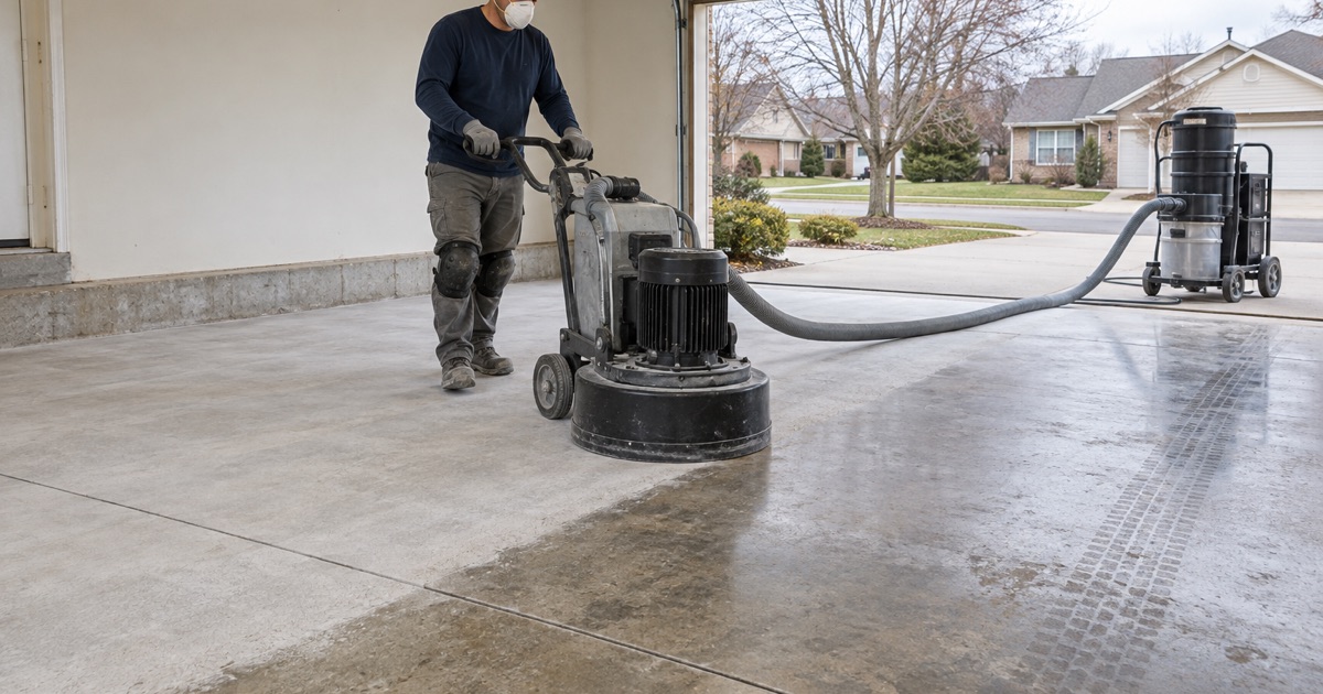 A walk-behind diamond grinder opening an old sealed garage slab in Plainfield, the dust drawn off at the machine.