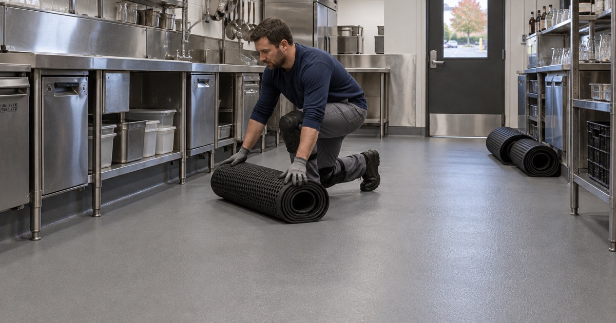 A continuous coved back-of-house floor with no gaps at the wall in an Alsip banquet kitchen