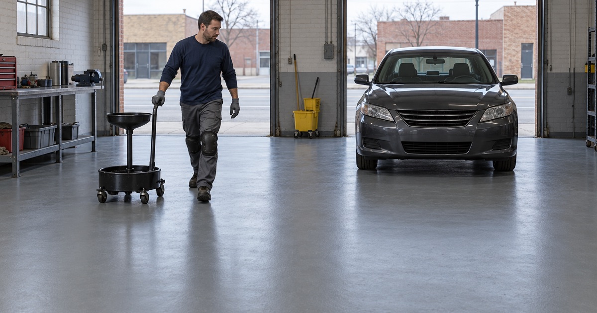 A drain pan cart rolled across the coated concrete floor of a Bellwood service garage, level with the apron at the door.