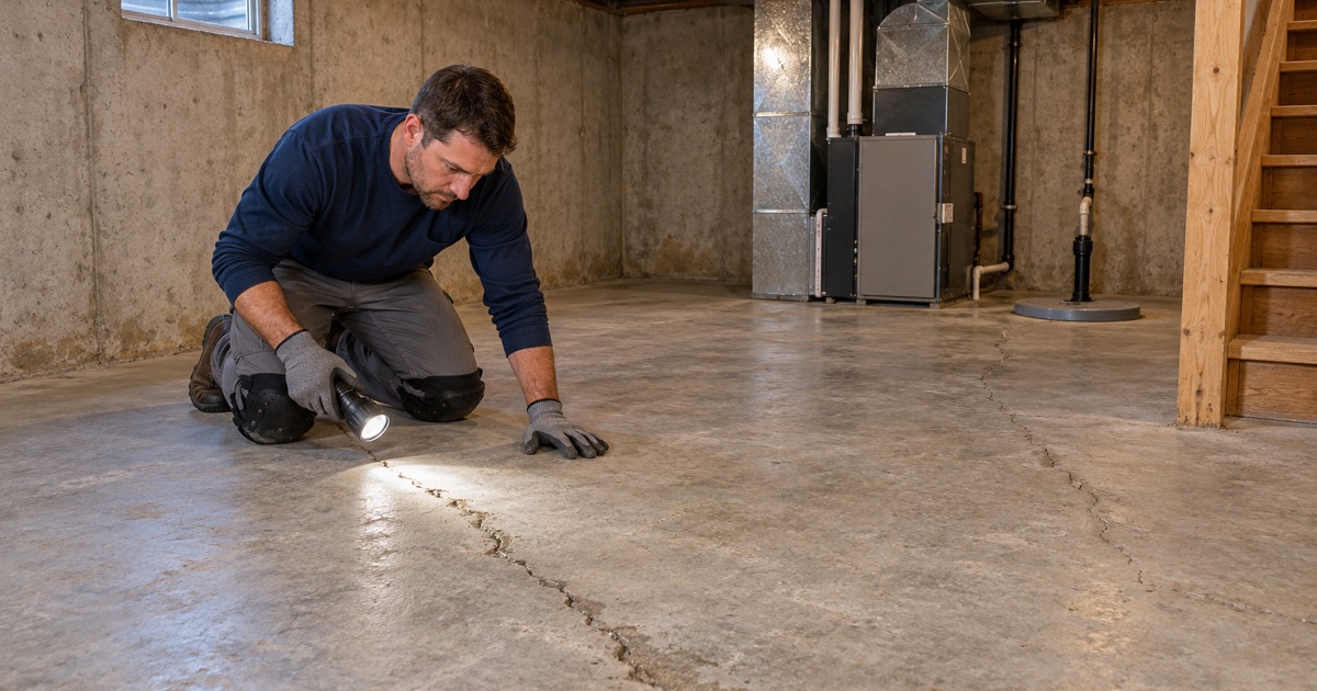 A Bridgeview basement slab with cracks and a sump, the openings a coating alone cannot be relied on to seal