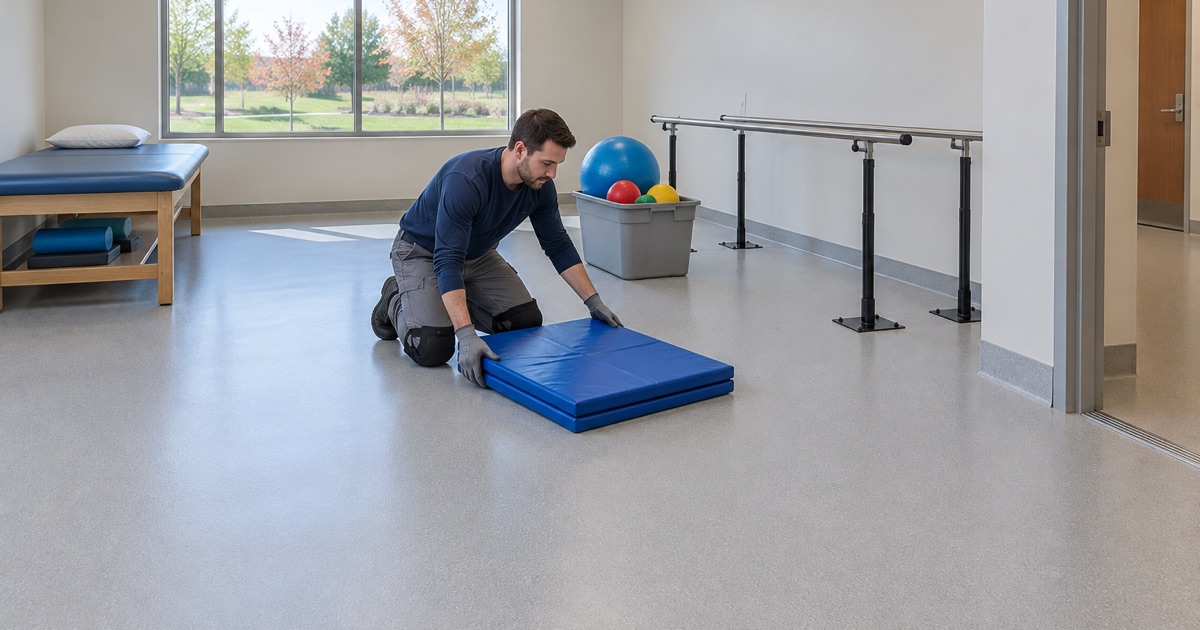 A seamless coved therapy room floor in Burr Ridge where mats and equipment rest on the floor