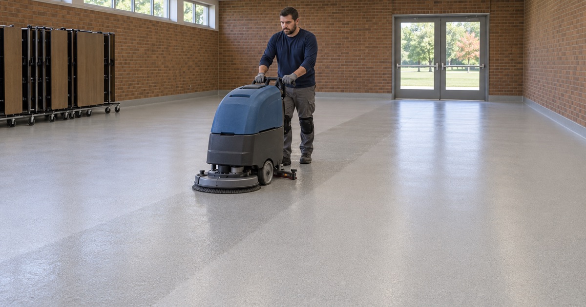 A large school all-purpose room floor in Campton Hills, the kind of floor identified before any grinding