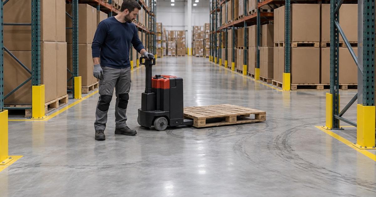 An electric pallet truck with gray non-marking tires at an aisle end on a light coated fulfillment floor in Channahon.
