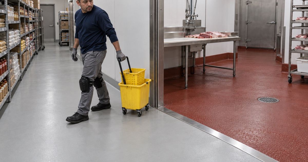 The coved, textured floor of a meat room meeting a smooth dry aisle floor in a Chicago Ridge grocery, a mop bucket between them.