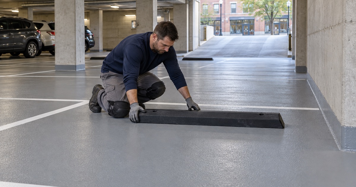 A rubber parking block set on the new coated floor of the garage level under a mixed-use La Grange building.