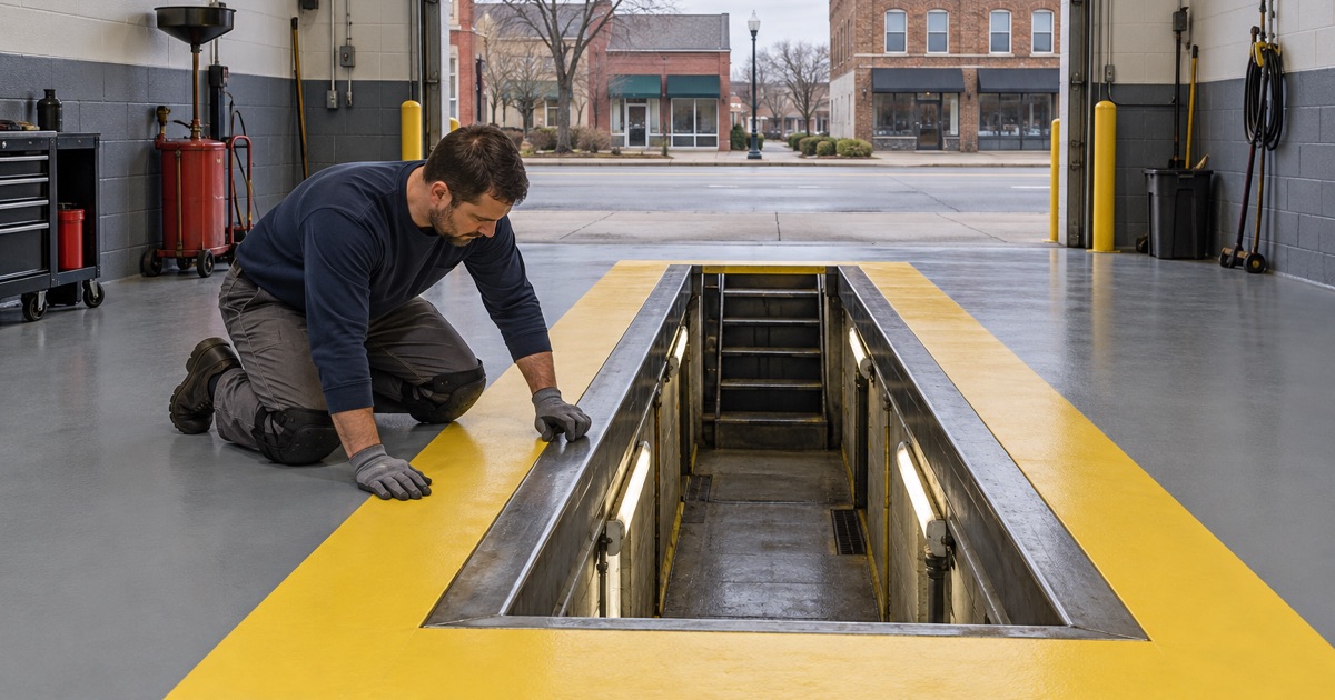 A wide contrasting yellow band on the coated floor around a lower-bay oil change pit at a Lemont service shop.