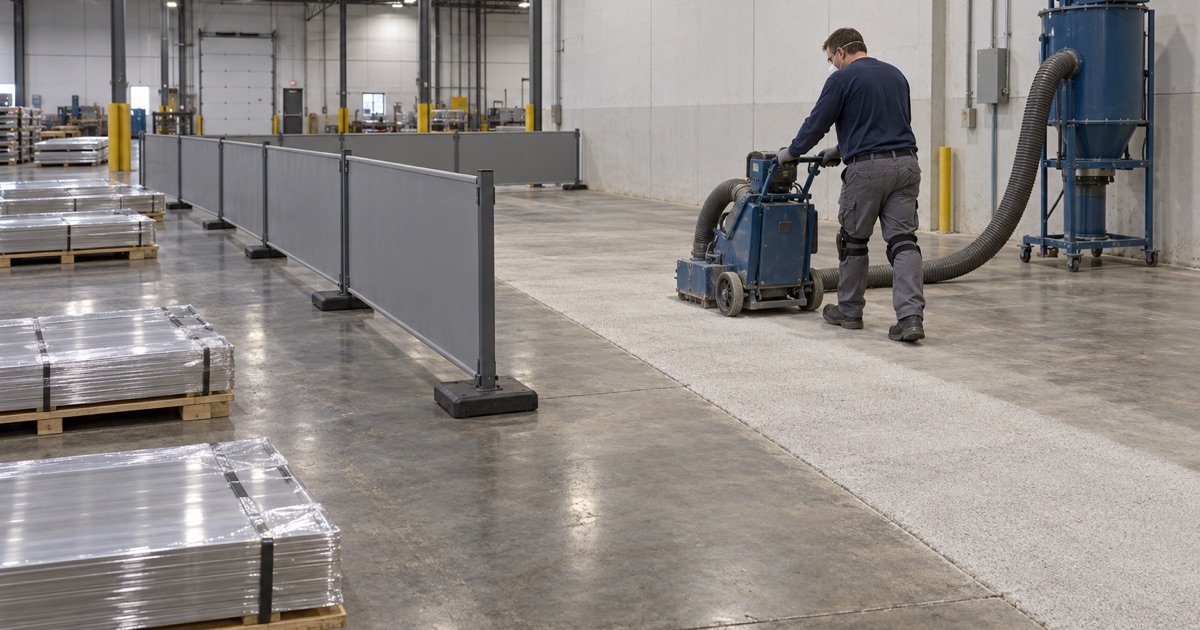 A contained shot blaster preparing the floor of a Minooka stainless steel processing warehouse, dust and shot drawn back into the machine.