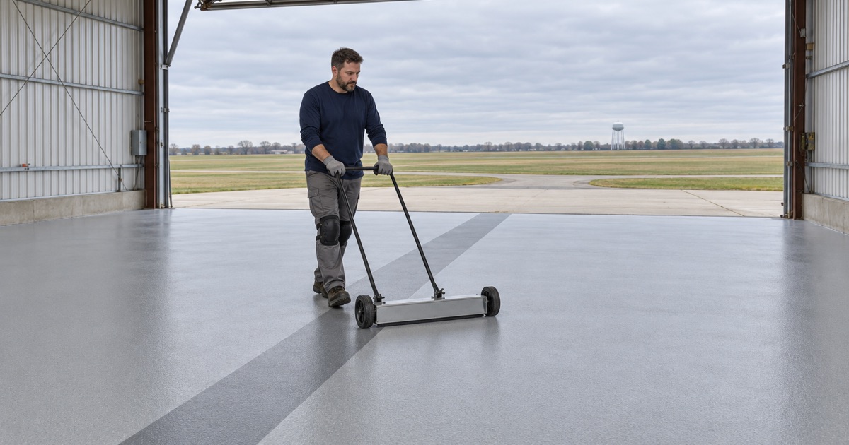 A magnetic sweeper rolled across a coated hangar floor at the Morris municipal airport as part of a debris walk.