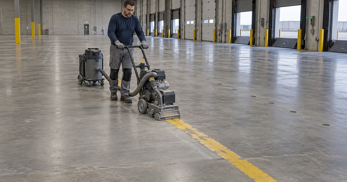 Old aisle striping being ground off a leased Northlake warehouse floor at move-out, the slab left clean with no stain.