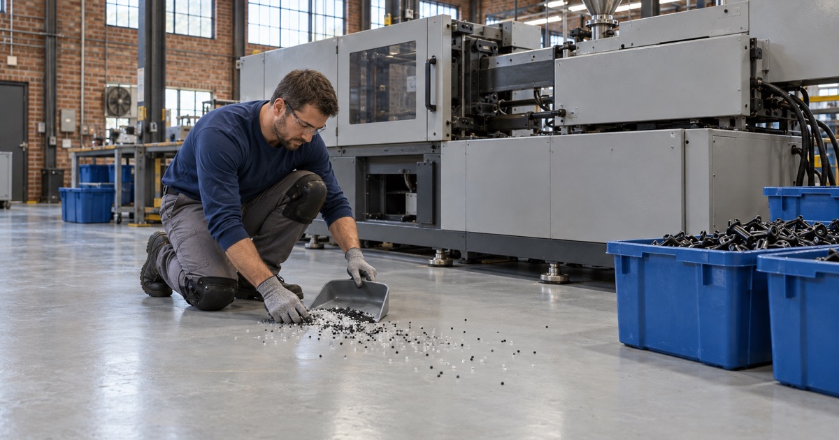 Spilled plastic pellets swept up from a seamless sealed floor beside an injection molding machine in a Plano plant.