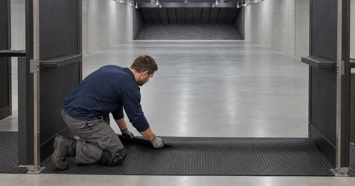 A rubber mat laid at the firing line of an indoor range in Shorewood, the smooth sealed floor downrange running to the baffles.