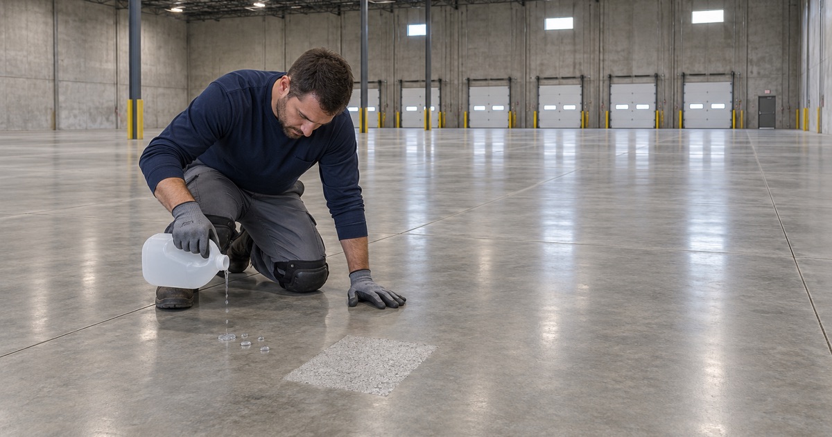 A water drop test on the densified slab of a new, empty speculative warehouse in Summit before a coated zone is planned.