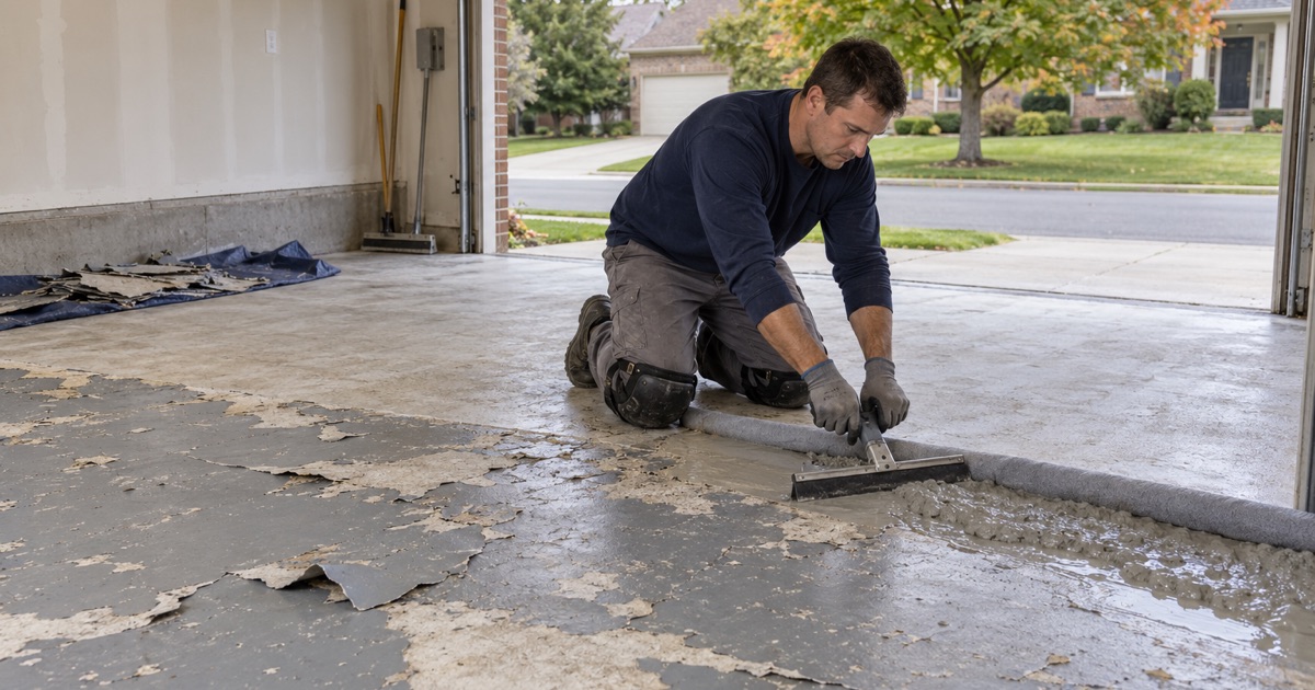A Warrenville garage slab ground back to clean concrete before cracks and joints are filled and the floor is coated