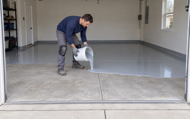 Mixed epoxy being poured in a ribbon onto a ground garage slab at a Plainfield house, ready to be spread.