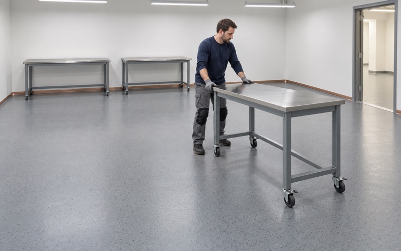 A steel workbench rolled into place on a new static-control floor in a Plainfield electronics assembly room.