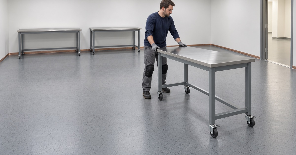A steel workbench rolled into place on a new static-control floor in a Plainfield electronics assembly room.