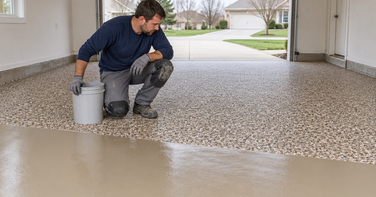 A full-broadcast flake floor settling in a Plainfield garage, a crew member crouched at the working edge.