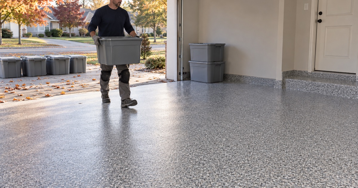 Storage totes carried back into a Plainfield garage the same day its polyaspartic floor was coated.