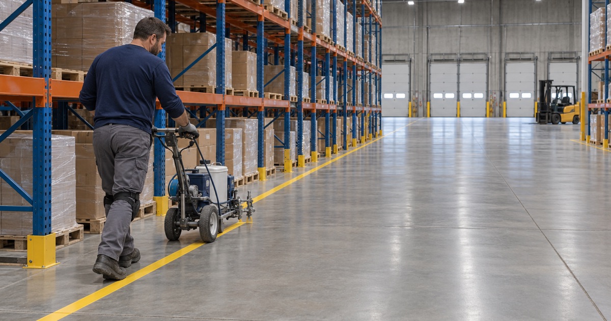 A line striper laying a yellow aisle line on a coated floor in a Plainfield distribution warehouse with racking behind.